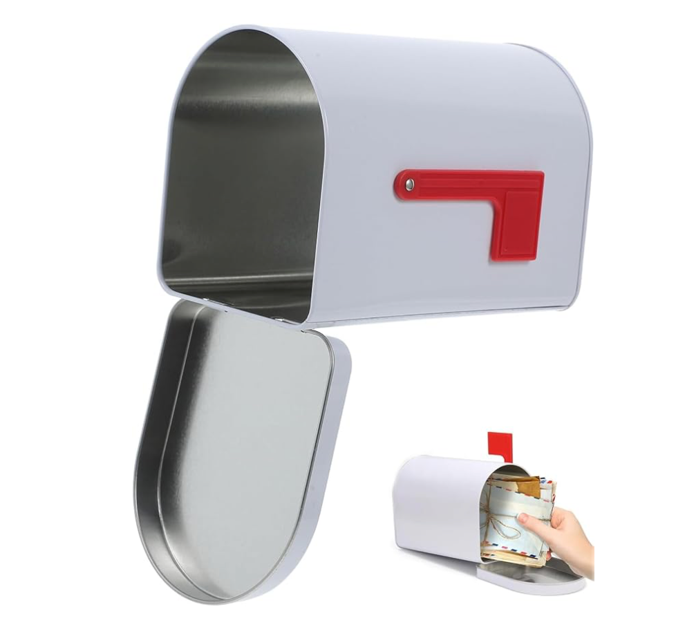 White mini tin mailbox with red flag, hinged lid open